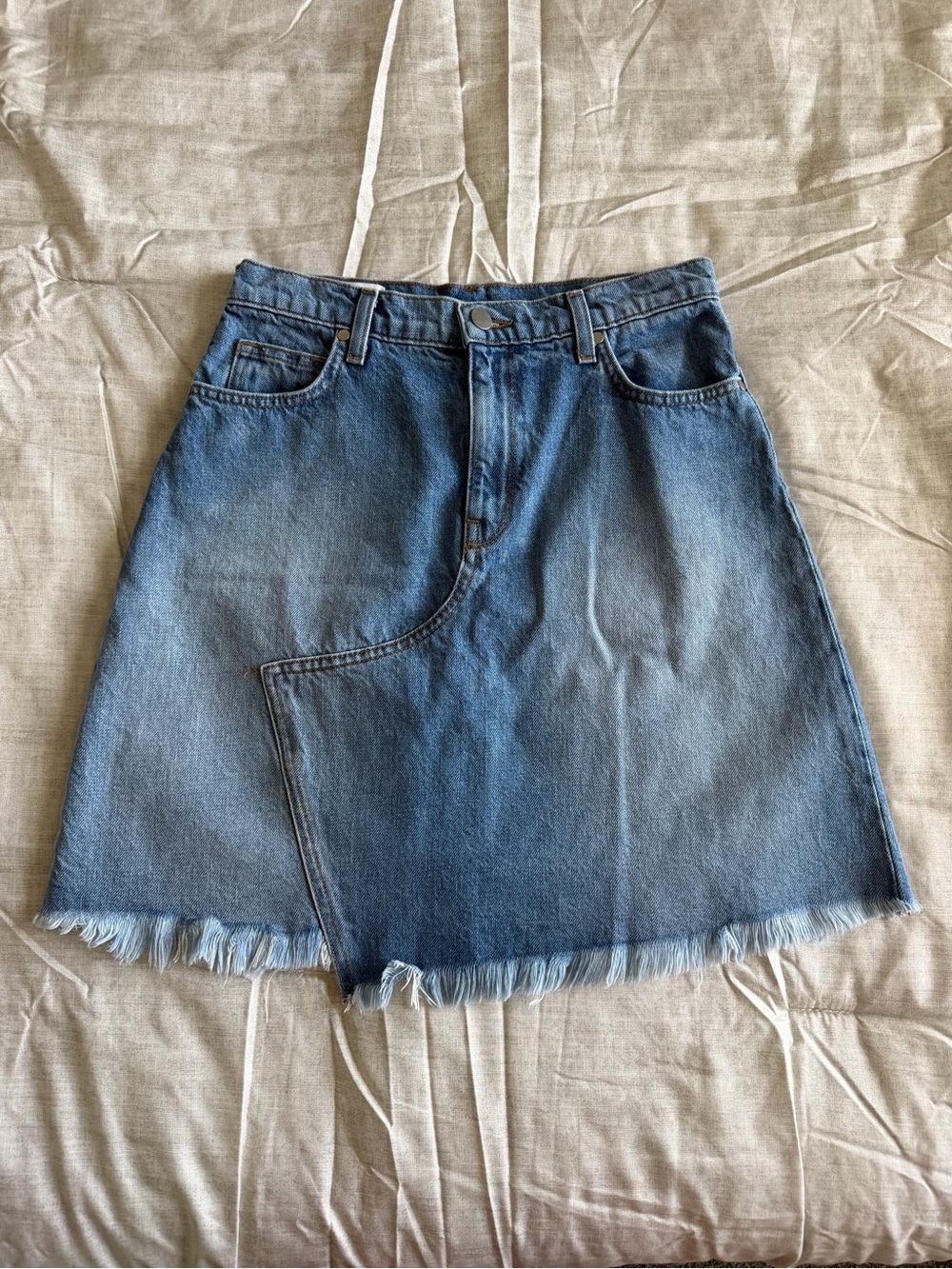 BLDWN Annel Raw Hem Medium Wash Denim Mini Skirt (27)